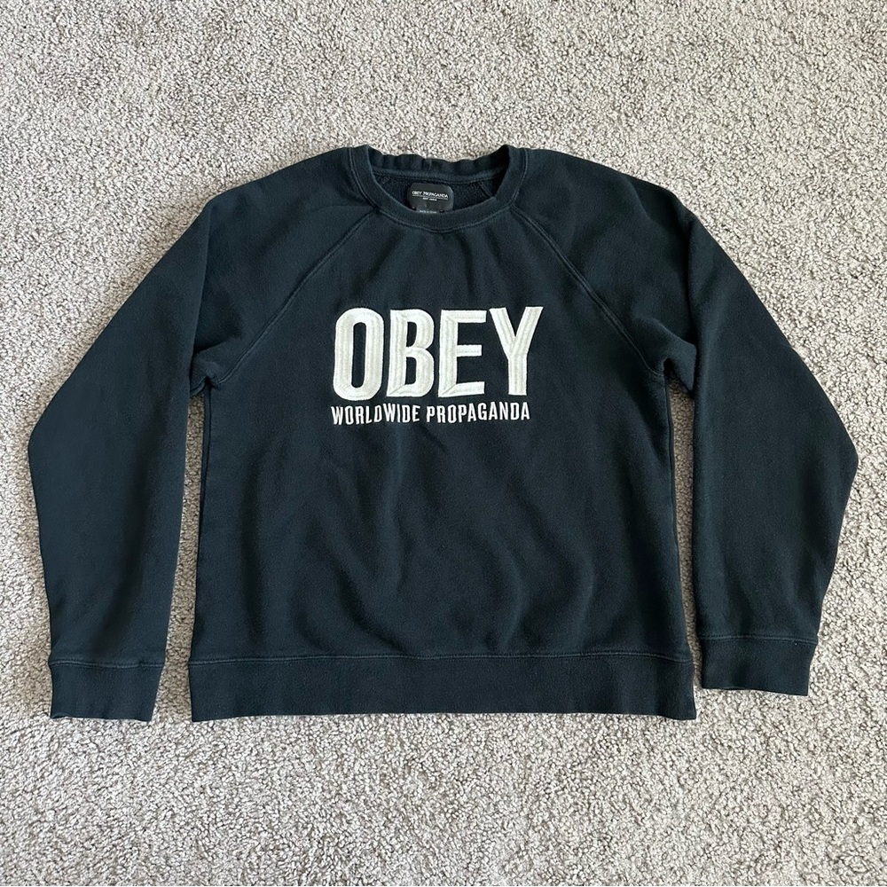 Obey Worldwide Propaganda Embroidered Black Crew Sweatshirt